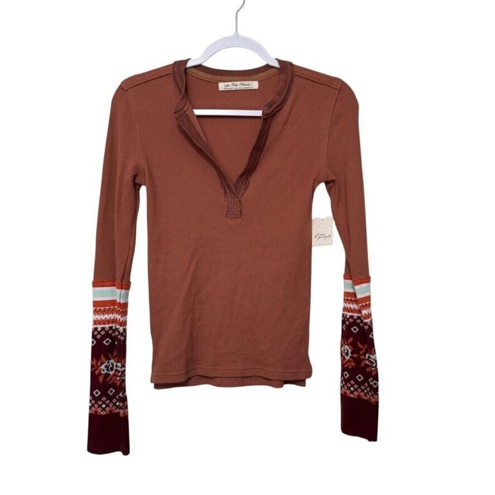 Free People Mikah Notch Neck Top Thermal Fair Isle Sleeves Autumn Combo XS NWT